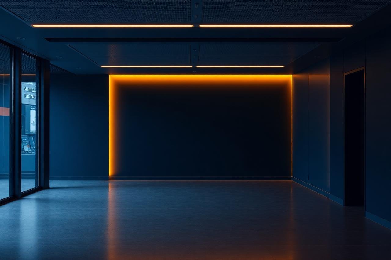 Ambiente corporativo em tons escuros com iluminação dourada